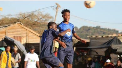 Chilly Boys players Kabelo Kgatitsu and Lucky Mashabela defend PSG's free kick. Photo: Mthulisi Lwazi Khuboni