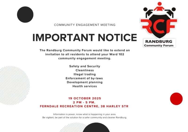 Ward 102 residents are urged to attend a community engagement meeting to discuss safety, illegal trading, health services, housing developments, and urban renewal plans.