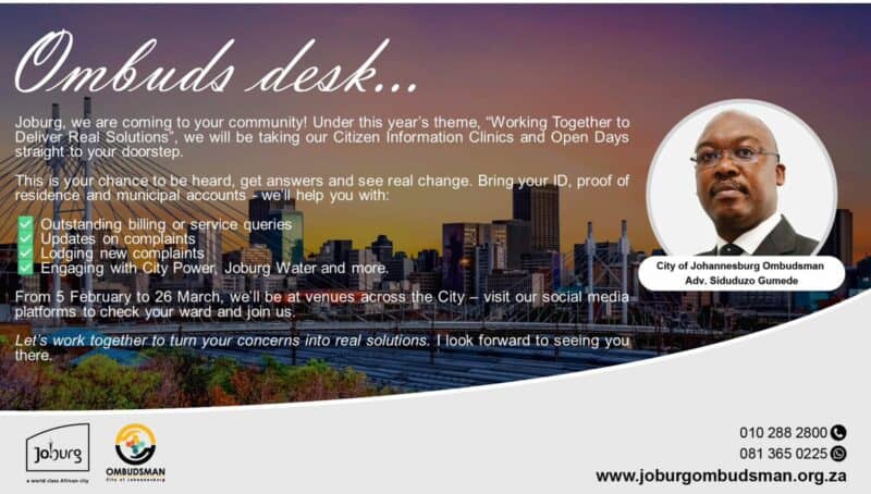 Region B residents will have a chance to raise service delivery issues when the Johannesburg Ombudsman hosts a clinic and open day in Randburg.