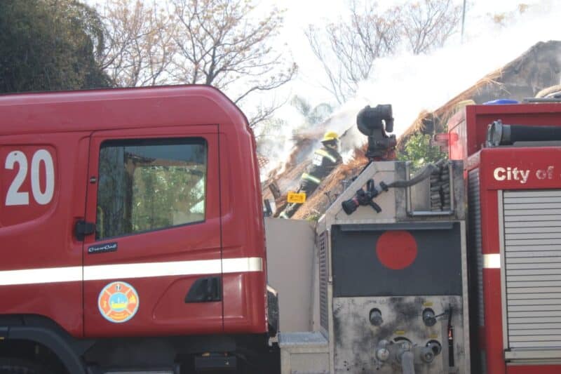 Emergency services descended on Kowie Road in Randpark Ridge after a house fire broke out at a two-storey thatched property, leaving two residents shaken but uninjured.