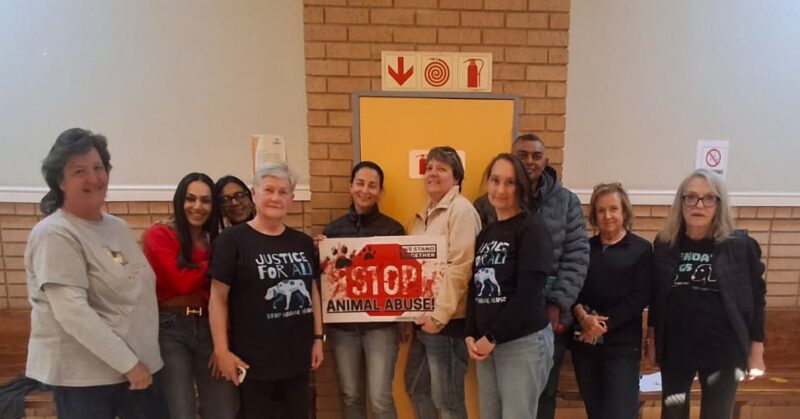 A group of supporters, some wearing Justice for Ali T-shirts and holding a Stop Animal Abuse placard, gather at court in support of the case against Trevor Nkuna on July 21, 2026. Photo: Nkazimulo Ncube