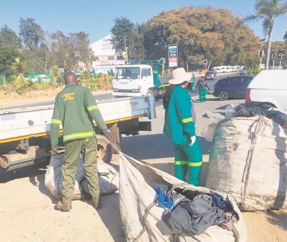 City entities work together to clean the green belt on the CR Swart Drive bridge. Photo: Supplied
