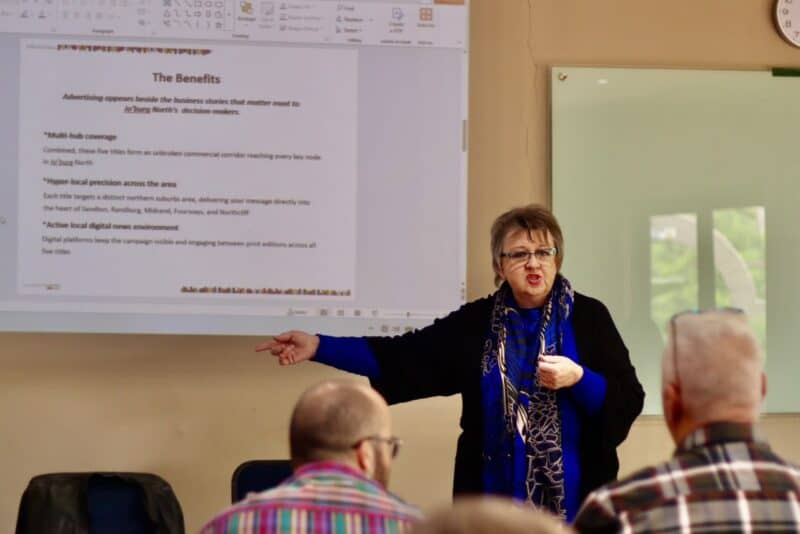 Karen Hartman, sales operations manager at Caxton, speaks to attendees on September 17, 2026, at the 435 Rugby Ave Conference Centre. Photo: Neo Phashe