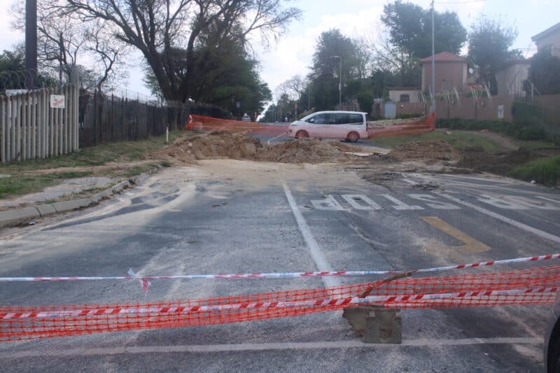 Puttick Avenue remains closed as contractors dug up the road to fix the pipe. Photo: Mthulisi Lwazi Khuboni