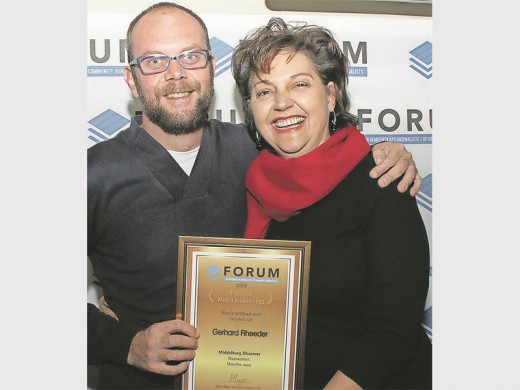 The top three journalists in the 2015 Local Media Excellence Awards, all hail from the Middelburg Observer. Gerhard Rheeder came in third. He is congratulated by Karen Geurtse, Manager of Capital Media.