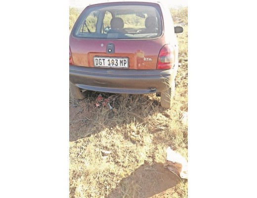 The abandoned car of Ms Miempie Meyer found next to a dirt road at Samekoms.
