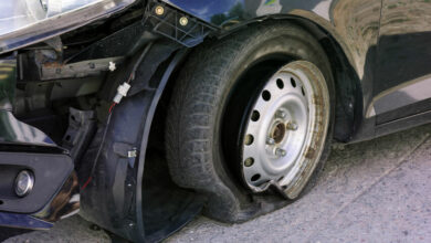 Accident on the road with damage to the car. knocked wheel.