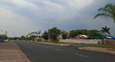 Wide street lined with palm trees and residential homes under a cloudy sky. The empty road and overcast weather evoke a calm, serene mood.