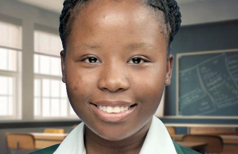 A student with braided hair smiles in a classroom. Sunlight filters through windows, and a chalkboard with writing is visible in the background.