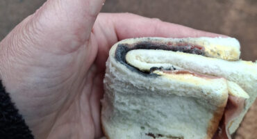 A hand holds a sandwich made of white bread with a visible piece of charred, blackened ham inside. The black poison can also be seen.