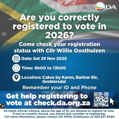 "Image with South African flag background promoting voter registration. Includes event details: Sat 29 Nov 2025, 9h00-13h00, Cakes by Karen, Groblersdal. Contact info and QR code for registration help included."