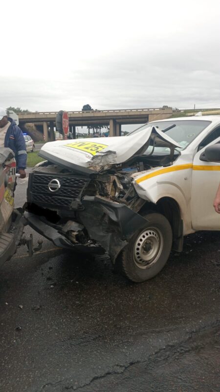 A photo of a white bakkie damaged in an accident.
