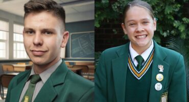 Two students in green school uniforms. The boy on the left is in a classroom, smiling slightly, while the girl on the right stands outside, smiling broadly.