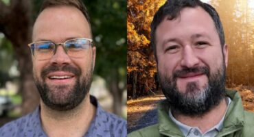 Two men with beards smile at the camera; the first is outdoors with blurred greenery, and the second stands before a sunlit forest path.