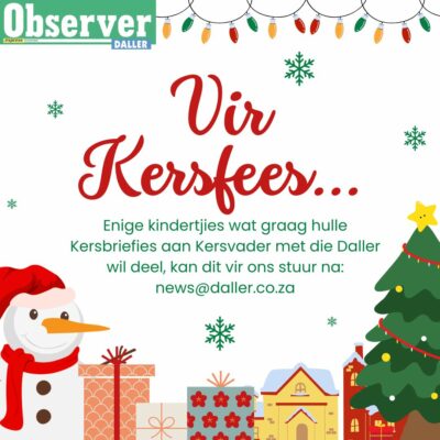 Festive Christmas poster with a snowman, gifts, and a decorated tree. Text in Afrikaans invites children to send Santa letters. Cheerful holiday theme.