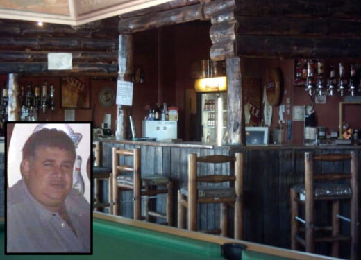 A rustic bar with wooden stools and a log frame counter, featuring shelves stocked with bottles. An inset shows Manuel Reis smiling.