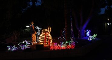 Night scene featuring a garden with vibrant, glowing Christmas light sculptures, including a Santa, animals, and mushrooms, creating a festive atmosphere.