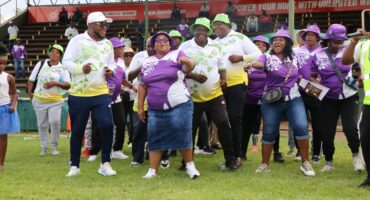 A joyful group of people wearing purple and yellow outfits and hats dance energetically on a grassy field. The scene conveys a festive, lively atmosphere.