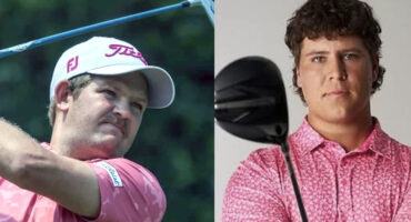 Two men in pink golf attire. Left Ruan Korb: A golfer mid-swing, looking focused with a white cap. Right Aldrich Potgieter: A man holding a golf club, staring seriously. Backgrounds are outdoors and plain.