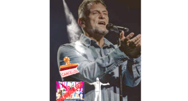 Steve Hofmeyr passionately sings on stage, eyes closed, with a microphone. A "Cancelled" stamp overlaps a colorful event poster below. The mood is intense.