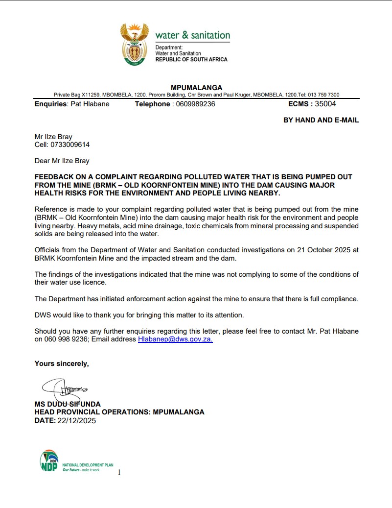 official correspondence from the Department of Water and Sanitation in Mpumalanga, blinkpan, middelburg