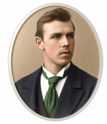 Oval portrait of a young Henri Slegtkamp with short brown hair and blue eyes, wearing a dark suit and a green patterned tie. His expression is serious and focused.