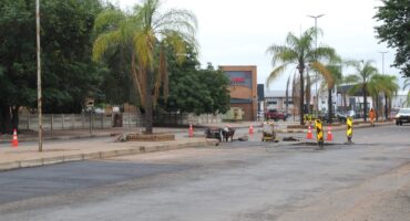 Street work scene with palm trees lining the road. Traffic cones and caution signs surround a repair area. A parked vehicle and overcast sky in the background.