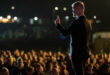 A man in a suit stands on stage, gesturing with one finger raised, addressing a large, attentive crowd under soft lighting at night.