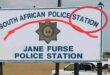 Sign for "South African Police Service" at Jane Furse Station. A red pen circles "STATION" with the police emblem in the center. A vehicle is visible behind.