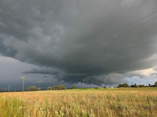 Dark storm clouds loom over a rural field with a fence and power lines. The ominous sky contrasts with the bright grasses, creating a tense atmosphere.