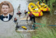 A water rescue scene shows four rescue workers in a river near partially submerged yellow inflatable boats. An inset shows a man in formal attire.