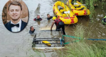 A water rescue scene shows four rescue workers in a river near partially submerged yellow inflatable boats. An inset shows a man in formal attire.
