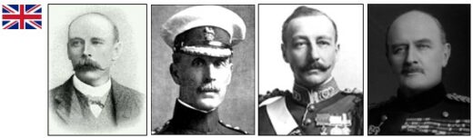 Four black-and-white portraits of military men in uniforms, each with distinctive mustaches, exuding authority and solemnity. A small UK flag is visible.
