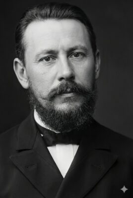 A black-and-white portrait of a solemn man with a thick beard and mustache, wearing a formal suit with a bow tie, gazing directly at the camera.