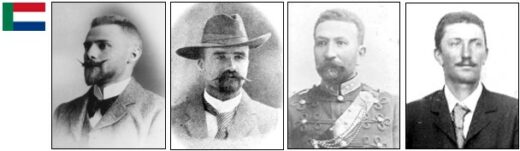Four vintage portraits of men with mustaches, each in distinct attire: a suit, a cowboy hat, military uniform, and a simple jacket, conveying a historic tone.