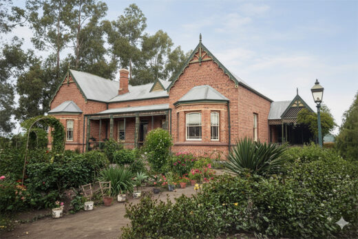 Victorian-style brick house with ornate gables, surrounded by lush garden and potted plants, under a clear sky, conveying a serene, historical charm.
