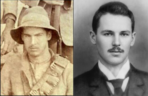 A split image shows two vintage portraits. Left: A man in a wide-brimmed hat and bandolier, conveying a rugged intensity. Right: A suited man with a mustache looks composed and formal.