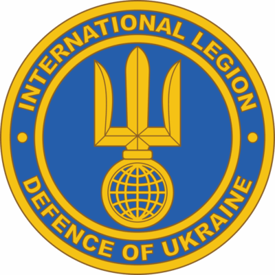Emblem featuring a blue background with a yellow trident symbol above a globe. Text reads "International Legion, Defence of Ukraine" in yellow.