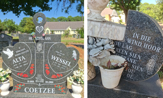 The image shows two black granite headstones with engraved texts and floral carvings. The one on the left has a heart shape, two doves, and white flowers. The right headstone has a semicircle shape with an engraved poetic phrase and a flower pot at the base. The scene conveys remembrance and peace.