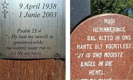 Two memorial plaques: Left, a silver plaque with a cross and Psalm 23:4 in Afrikaans, dated 1938-2003. Right, a red plaque with an Afrikaans message about cherished memories.