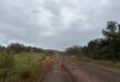 Construction worker in orange gear stands beside a "Stop" sign on a rural road. Traffic cones and overcast skies create a calm, serious atmosphere.