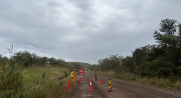 Construction worker in orange gear stands beside a "Stop" sign on a rural road. Traffic cones and overcast skies create a calm, serious atmosphere.