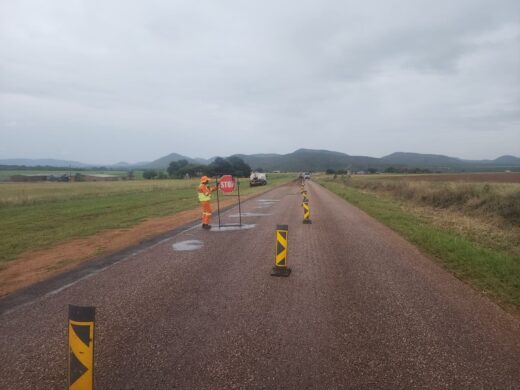A road worker in an orange suit holds a stop sign on a rural road with caution barriers. Cloudy sky and distant hills create a calm, overcast setting.