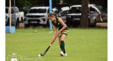 Young female field hockey player in green and yellow uniform focuses on ball control in a grassy field. Parked cars and trees are in the background.
