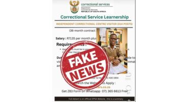 A job advertisement for a Correctional Service Learnership is marked with a large red "FAKE NEWS" stamp. A smiling person in a tan shirt is pictured on it. The ad includes a salary figure and application instructions, but the "FAKE NEWS" label implies it is misleading.