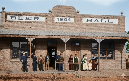 Historic image of the first beer hall showcasing its architecture and lively atmosphere.