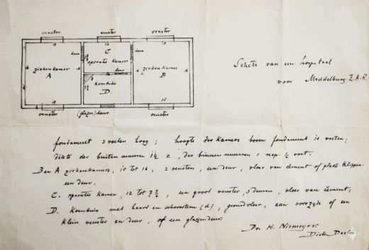 Handwritten document featuring a drawing of a house, labeled "Middelburg Hospital."