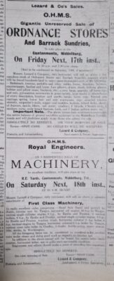 ADVERTENSIE IN DIE MIDDELBURG OBSERVER VAN DIE VEILING OP 18 JANUARIE 1908 VAN DIE ROYAL ENGINEERS SE TOERUSTING BY DIE KANTONNEMENTE (FOTO: RUDI VAN WYK)