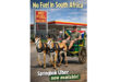A man in a colorful cart pulled by two springboks with "Uber" harnesses smiles near a fuel station with a "No Fuel Available" sign. Playful tone.