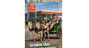 A man in a colorful cart pulled by two springboks with "Uber" harnesses smiles near a fuel station with a "No Fuel Available" sign. Playful tone.